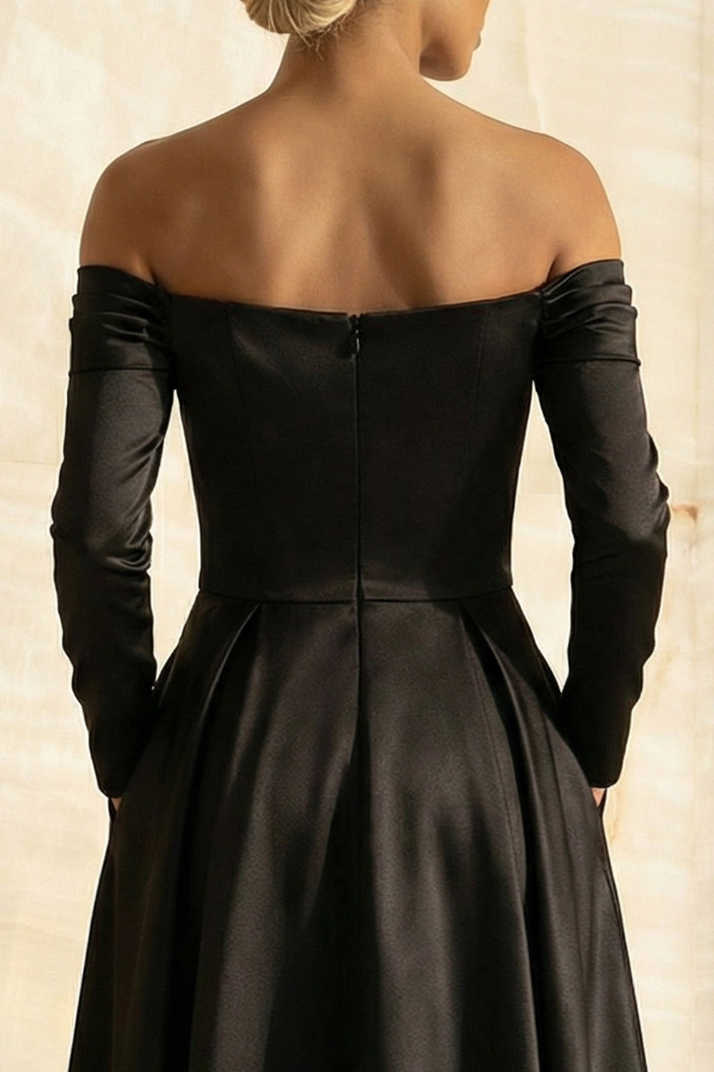 Black Off the Shoulder Satin A Line Long Sleeves Formal Dress