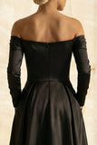 Black Off the Shoulder Satin A Line Long Sleeves Formal Dress