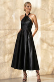 Black Halter A Line Ruched Satin Backless Long Formal Dress