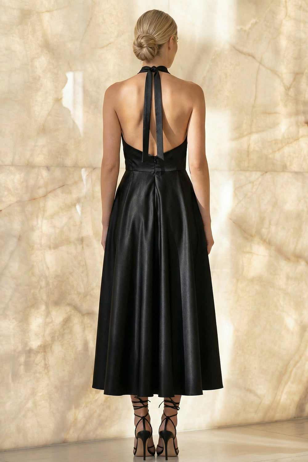 Zapakasa Women Black Halter Long Formal Dress with Pockets A Line Satin