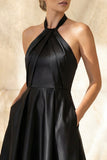 Black Halter A Line Ruched Satin Backless Long Formal Dress