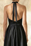 Black Halter A Line Ruched Satin Backless Long Formal Dress