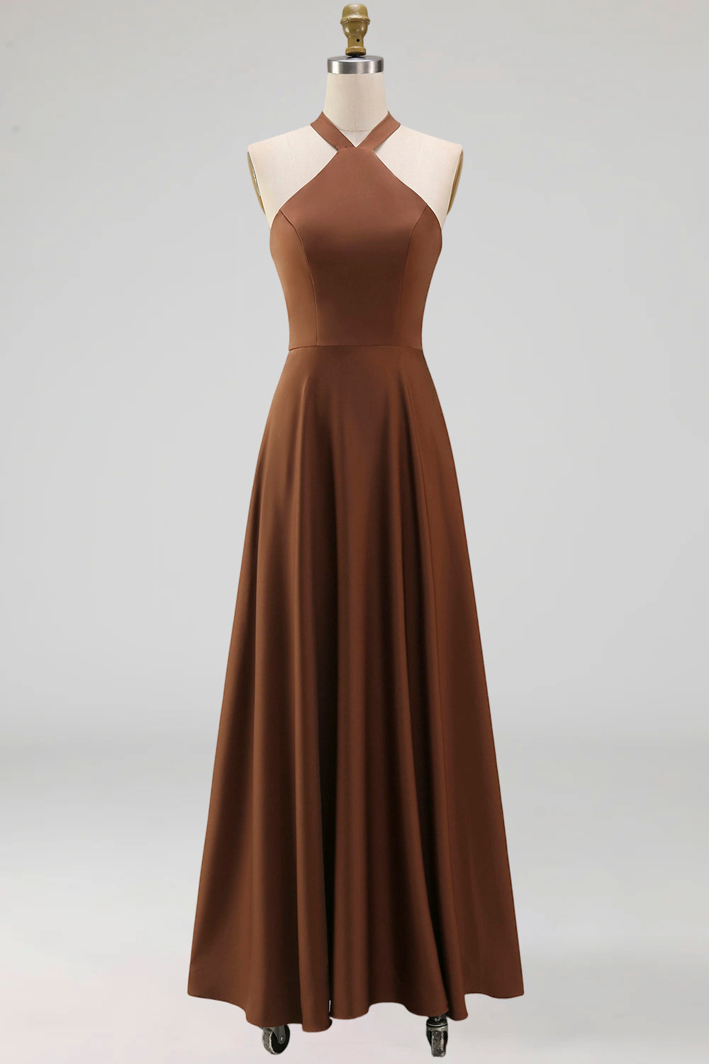 Chocolate Satin Halter A Line Ruched Long Formal Dress with Pockets