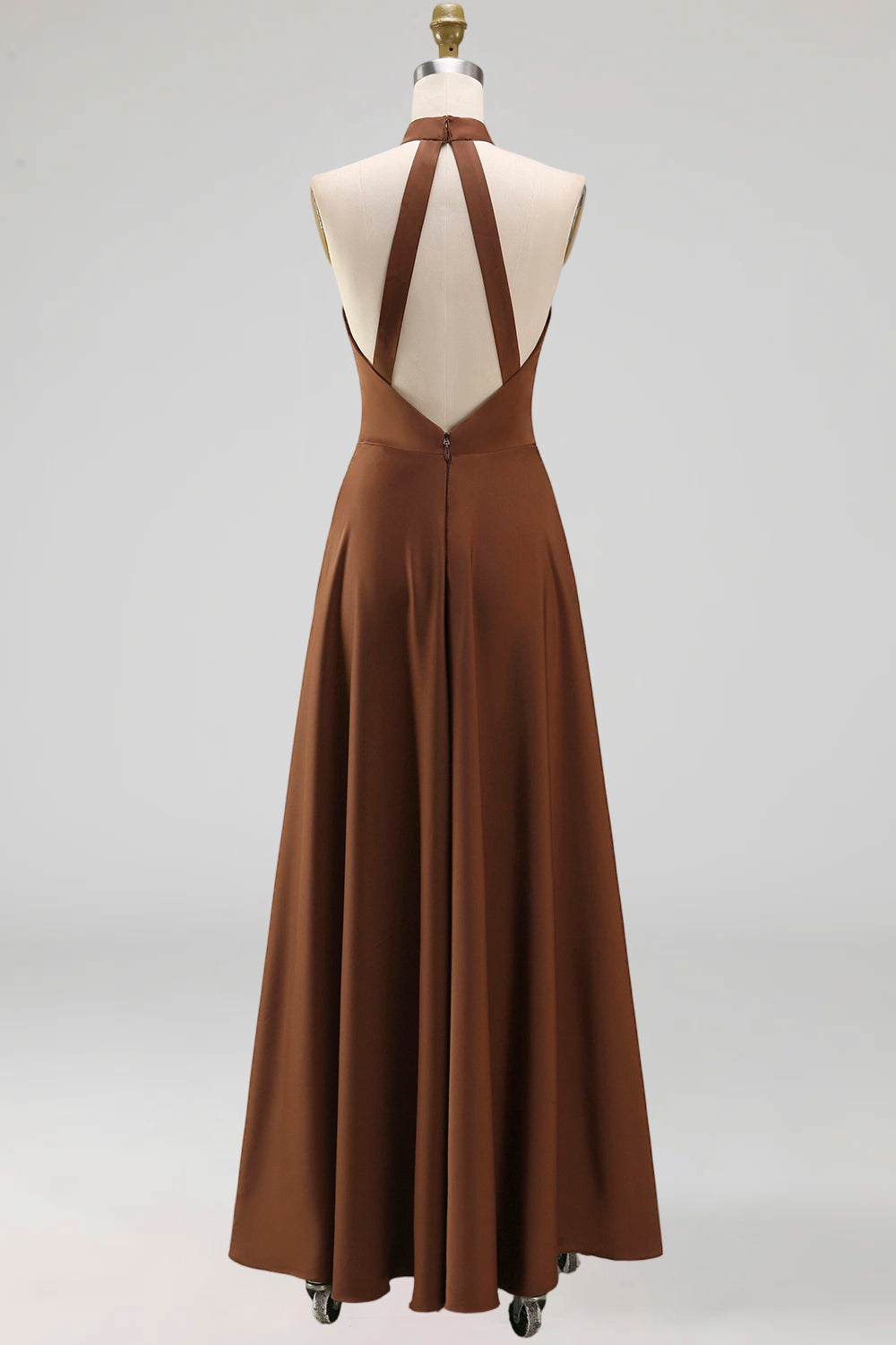 Chocolate Satin Halter A Line Ruched Long Formal Dress with Pockets