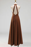 Chocolate Satin Halter A Line Ruched Long Formal Dress with Pockets