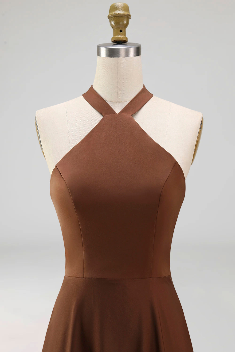 Chocolate Satin Halter A Line Ruched Long Formal Dress with Pockets