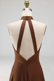 Chocolate Satin Halter A Line Ruched Long Formal Dress with Pockets