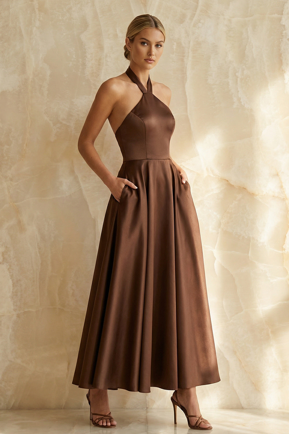 Chocolate Satin Halter A Line Ruched Long Formal Dress with Pockets