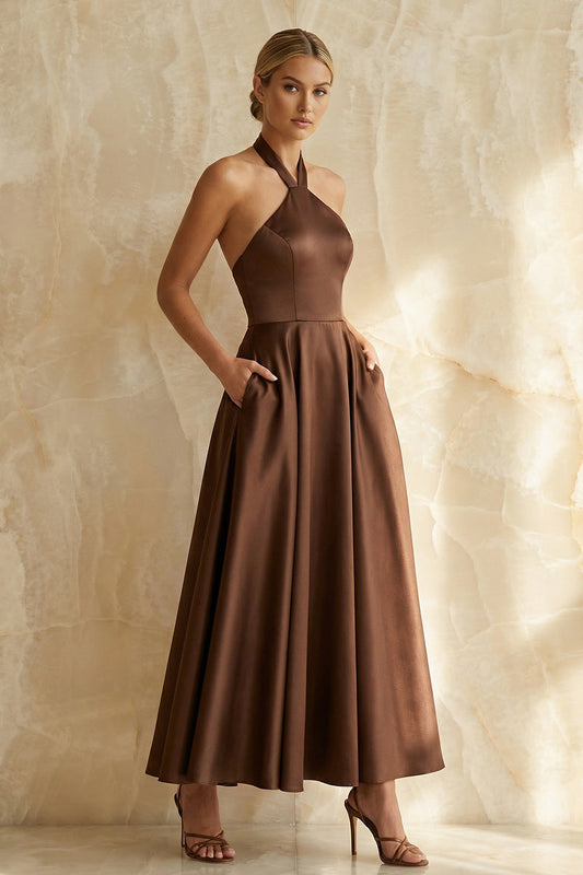 Chocolate Satin Halter A Line Ruched Long Formal Dress with Pockets