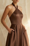 Chocolate Satin Halter A Line Ruched Long Formal Dress with Pockets