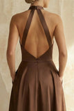 Chocolate Satin Halter A Line Ruched Long Formal Dress with Pockets