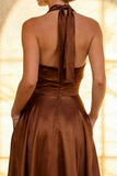 Chocolate Halter A Line Satin Ankle Length Formal with Pockets