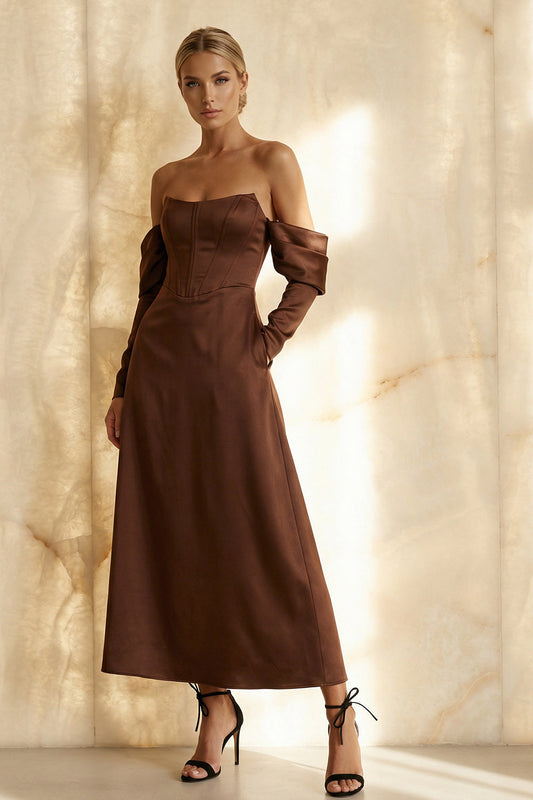 Chocolate Satin Off the Shoulder Long Corset Formal Dress with Sleeves