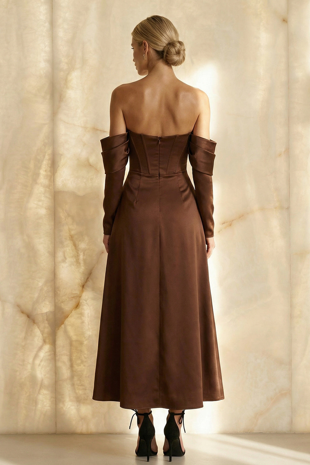 Chocolate Satin Off the Shoulder Long Corset Formal Dress with Sleeves