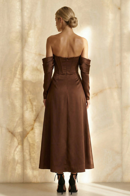 Chocolate Satin Off the Shoulder Long Corset Formal Dress with Sleeves