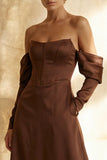 Chocolate Satin Off the Shoulder Long Corset Formal Dress with Sleeves
