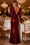 Sparkly Burgundy Sequin V Neck Mermaid Long Sleeves Prom Dress with Slit
