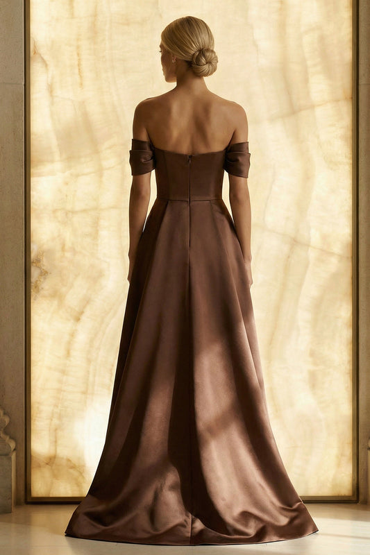 Chocolate Ruched  A Line Off the Shoulder Asymmetrical Formal Dress
