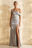 Light Grey Satin Sheath Ruched Off the Shoulder Long Formal Dress with Slit
