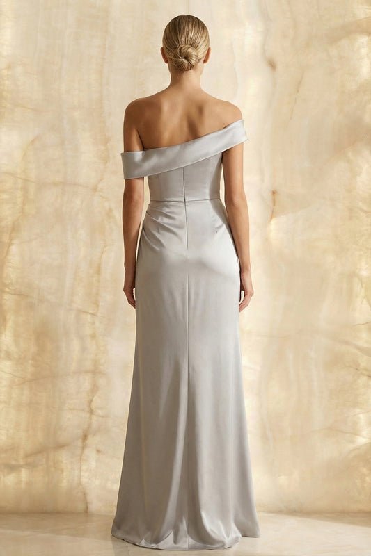 Light Grey Satin Sheath Ruched Off the Shoulder Long Formal Dress with Slit