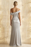 Light Grey Satin Sheath Ruched Off the Shoulder Long Formal Dress with Slit