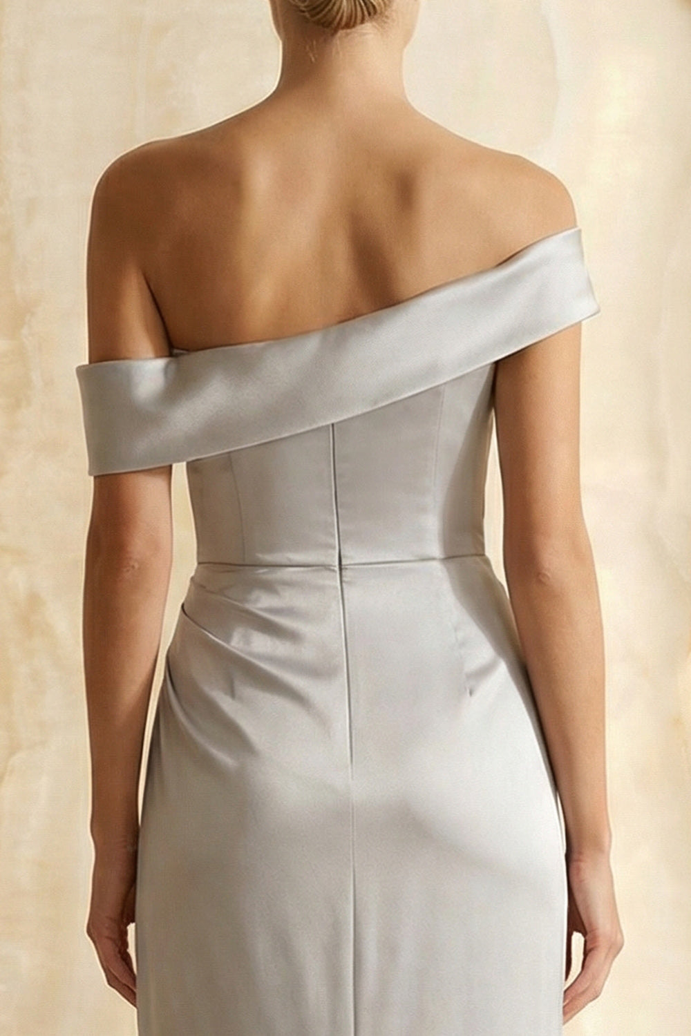 Light Grey Satin Sheath Ruched Off the Shoulder Long Formal Dress with Slit