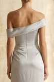 Light Grey Satin Sheath Ruched Off the Shoulder Long Formal Dress with Slit