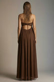 Chocolate A Line Pleated Strapless Cut Out Long Formal Dress with Slit