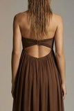 Chocolate A Line Pleated Strapless Cut Out Long Formal Dress with Slit