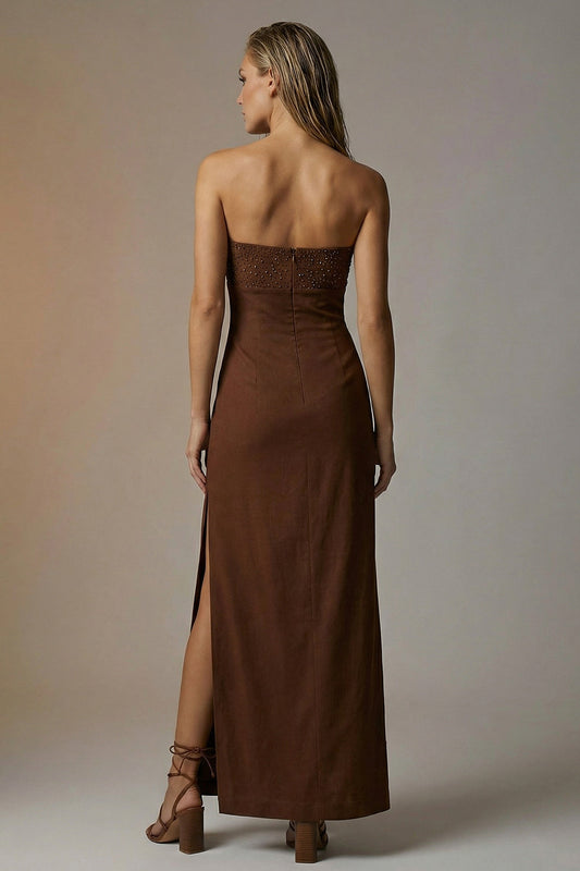 Sparkly Sheath Chocolate Strapless Long Formal Dress with Slit