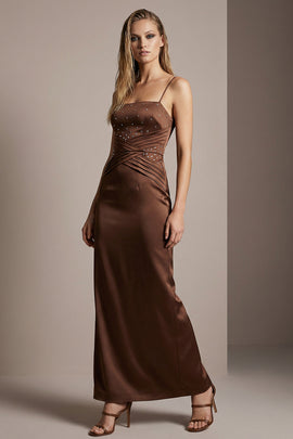 Sparkly Chocolate Sheath Spaghetti Straps Long Formal Dress with Beading