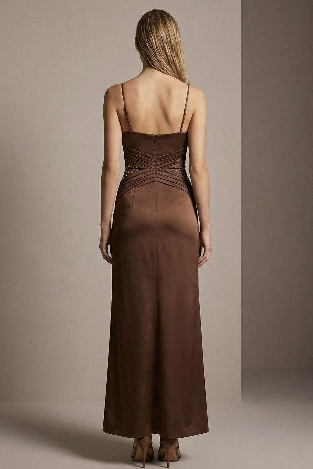 Sparkly Chocolate Sheath Spaghetti Straps Long Formal Dress with Beading