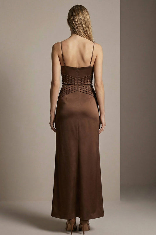 Sparkly Chocolate Sheath Spaghetti Straps Long Formal Dress with Beading
