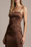 Sparkly Chocolate Sheath Spaghetti Straps Long Formal Dress with Beading