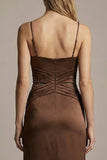 Sparkly Chocolate Sheath Spaghetti Straps Long Formal Dress with Beading