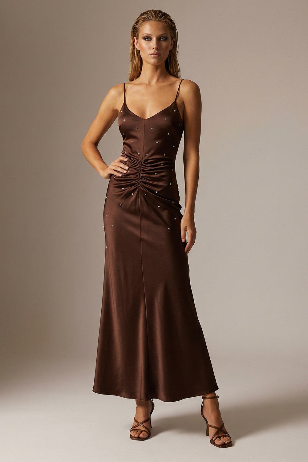 Sparkly Chocolate Satin Spaghetti Straps Sheath Long Formal Dress