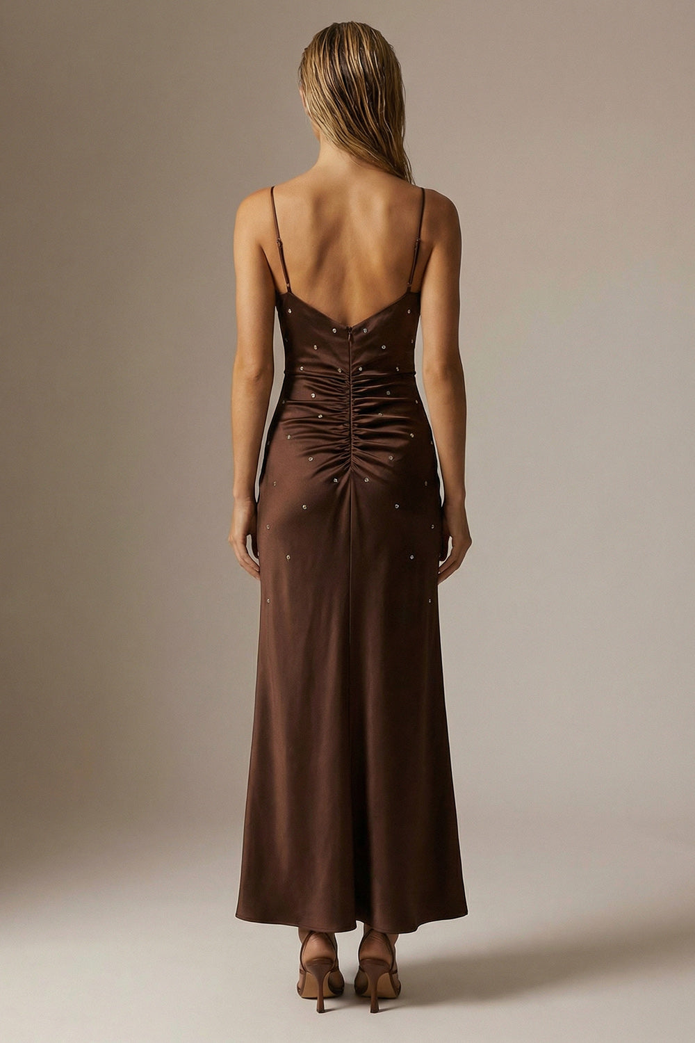 Sparkly Chocolate Satin Spaghetti Straps Sheath Long Formal Dress