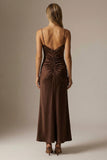 Sparkly Chocolate Satin Spaghetti Straps Sheath Long Formal Dress