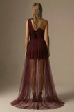 Burgundy Ruched One Shoulder Short Formal Dress with Cape
