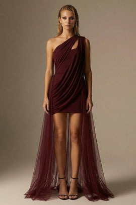 Burgundy Ruched One Shoulder Short Formal Dress with Cape