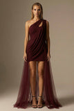 Burgundy Ruched One Shoulder Short Formal Dress with Cape