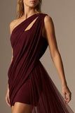 Burgundy Ruched One Shoulder Short Formal Dress with Cape