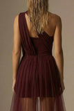 Burgundy Ruched One Shoulder Short Formal Dress with Cape