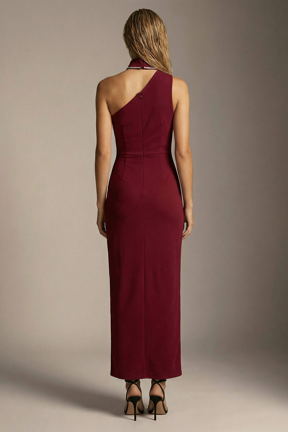Sparkly Burgundy One Shoulder Sheath Ruched Long Formal Dress