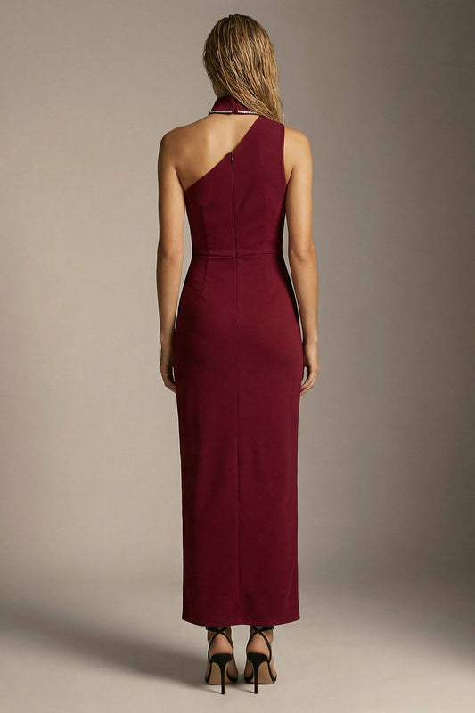 Sparkly Burgundy One Shoulder Sheath Ruched Long Formal Dress