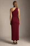 Sparkly Burgundy One Shoulder Sheath Ruched Long Formal Dress
