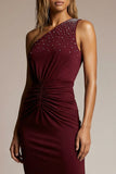 Sparkly Burgundy Sheath One Shoulder Ruched Long Formal Dress