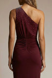 Sparkly Burgundy Sheath One Shoulder Ruched Long Formal Dress