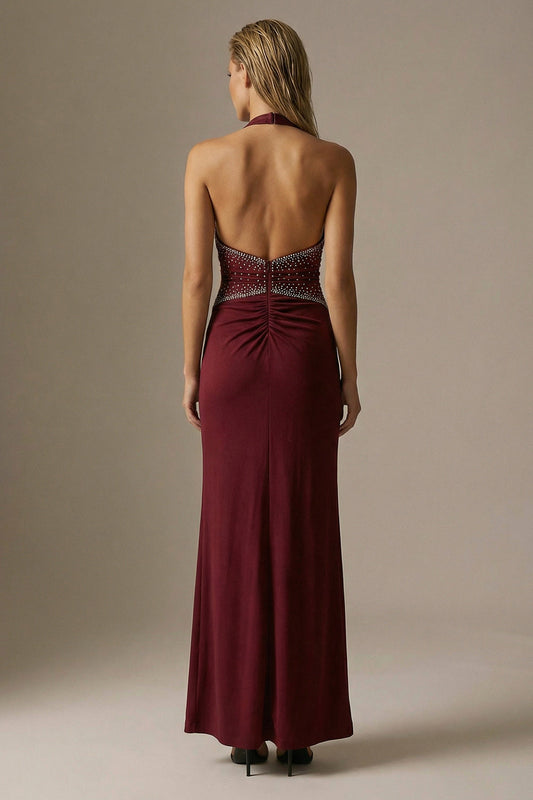 Sparkly Burgundy Sheath Halter Ruched Long Formal Dress with Slit