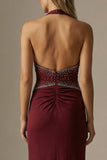Sparkly Burgundy Sheath Halter Ruched Long Formal Dress with Slit
